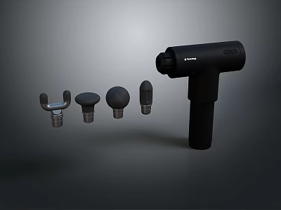 Professional Black Massage Gun With Four Attachments For Muscle Recovery 3d model