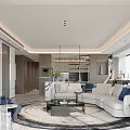 Modern Open Concept Living And Dining Room Interior With Marble Counter Sofa And City View