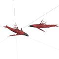 Red Spiked Fish Like Models With Black Mouths On White Background 3d model