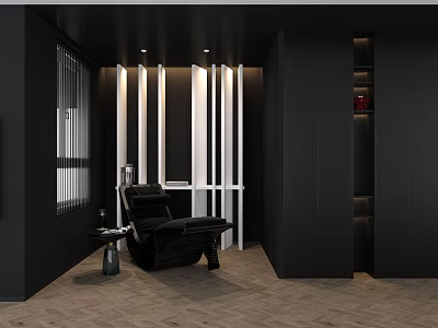 Modern Black Recliner Chair In Contemporary Interior With White Vertical Stripes And Side Table 3d model