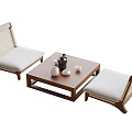 Wooden Tea Table And Chairs With Rattan Backrest And Fabric Cushions Plus Ceramic Tea Set