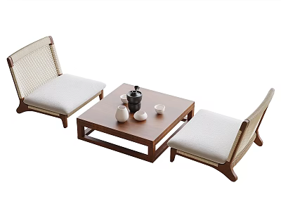 Wooden Tea Table And Chairs With Rattan Backrest And Fabric Cushions Plus Ceramic Tea Set 3d model