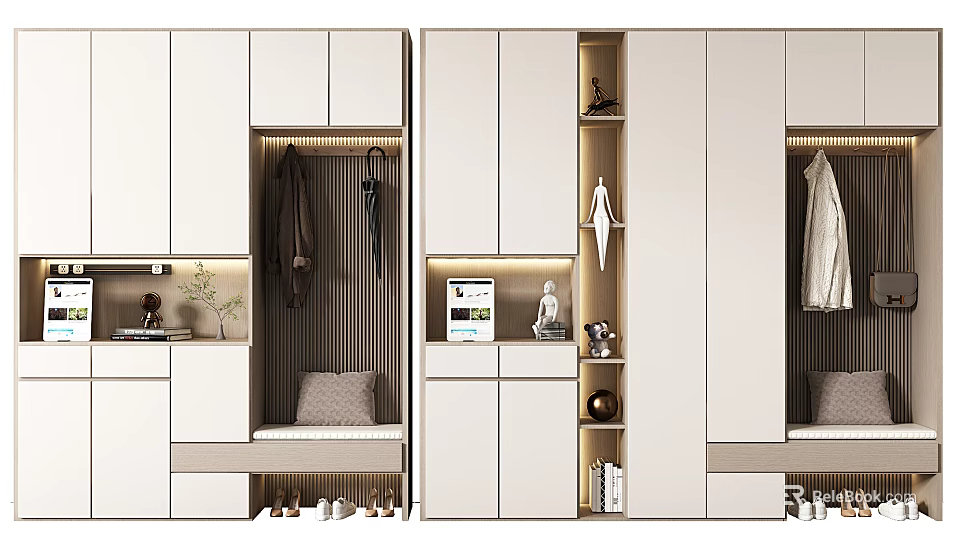 Modern Shoe Cabinet Interior Design With Hooks Bench Decorations And Mirror 3d model