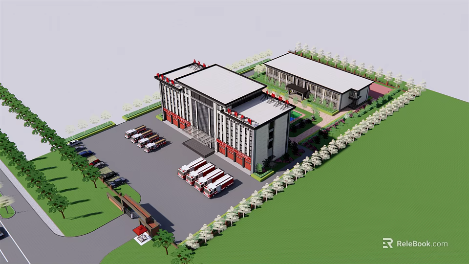 Modern Office Building Exterior Design With Parking Lot And Landscaped Gardens 3d model 