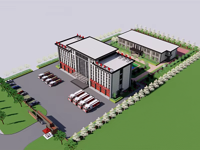 Modern Office Building Exterior Design With Parking Lot And Landscaped Gardens 3d model