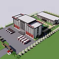Modern Office Building Exterior Design With Parking Lot And Landscaped Gardens