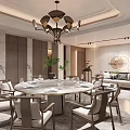 Modern Restaurant Interior With Green Sofa Seating Marble Round Tables Plants And Pendant Lights