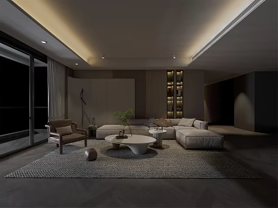 Modern Living Room Interior With Sectional Sofa Coffee Table Rug Floor Lamp And Display Cabinet 3d model