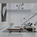 Modern Bright Open Living Dining Room With Glass Staircase And Cozy Neutral Interior Design