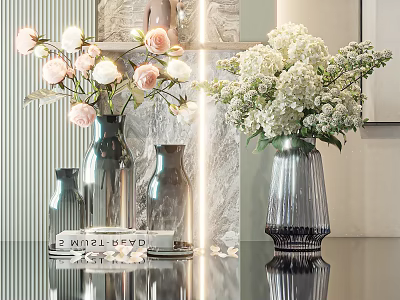 Pink Roses and White Hydrangeas in Stylish Glass Vases on Reflective Table Surface 3d model