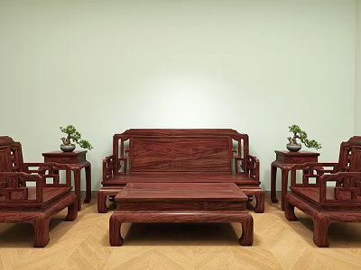 Traditional Chinese Style Solid Wood Sofa Set With Coffee Table Chairs And Plants 3d model