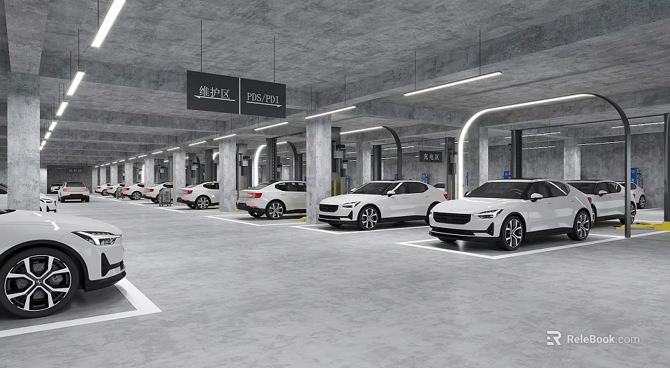 Underground Parking Lot With Multiple White Cars Parking Lines Pillars And Directional Signs 3d model 
