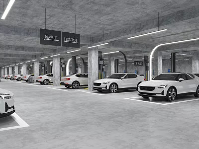 Underground Parking Lot With Multiple White Cars Parking Lines Pillars And Directional Signs 3d model