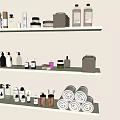 Organized White Shelves With Rolled Towels Bottles Jars And Daily Laundry Essentials