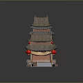 Chinese Traditional Multi Story Tower With Tiled Roof Red Lanterns And Tank Like Base