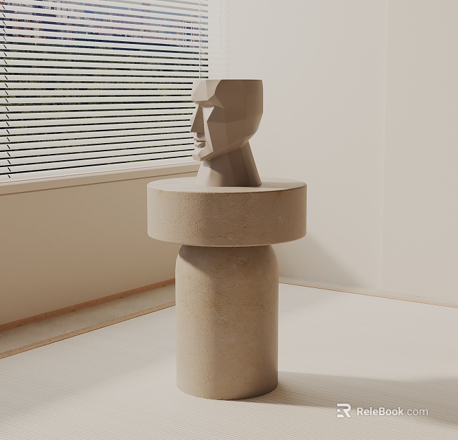 Concrete Side Table With Abstract Face Sculpture By White Louvered Window And Light Colored Wall 3d model 