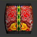 Colorful Traditional Drum With Red Stand And Dragon Patterns On Brown Head