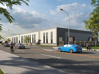 Modern Industrial Factory Building Exterior Design With Large Windows Street Vehicles Pedestrians And Trees 3d model