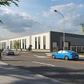 Modern Industrial Factory Building Exterior Design With Large Windows Street Vehicles Pedestrians And Trees