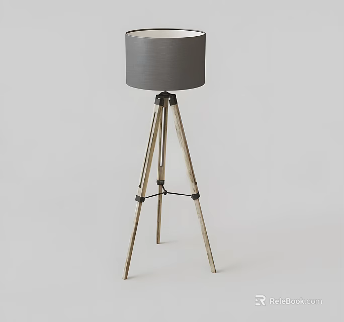Modern Wooden Tripod Floor Lamp With Gray Fabric Lampshade And Minimalist Design 3d model 