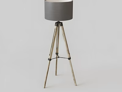 Modern Wooden Tripod Floor Lamp With Gray Fabric Lampshade And Minimalist Design 3d model