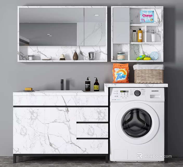 Modern Bathroom Vanity With Marble Countertop Mirror Washing Machine And Toiletries Storage 3d model 