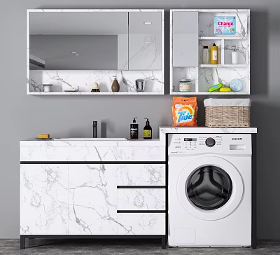 Modern Bathroom Vanity With Marble Countertop Mirror Washing Machine And Toiletries Storage 3d model