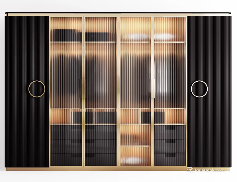 Elegant Modern Black Gold Wardrobe With Striped Glass Doors And Drawers 3d model 