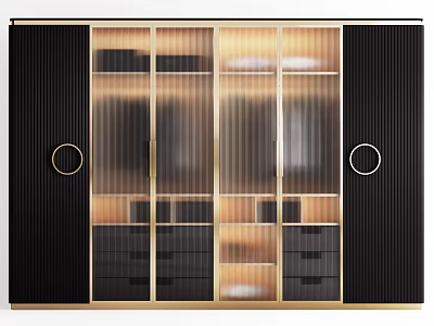 Elegant Modern Black Gold Wardrobe With Striped Glass Doors And Drawers 3d model