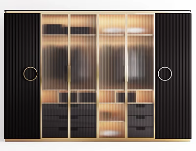 Elegant Modern Black Gold Wardrobe With Striped Glass Doors And Drawers 3d model