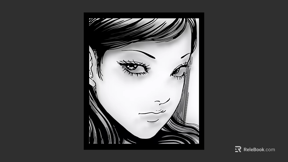 Black And White Style Anime Girl Portrait With Expressive Eyes And Flowing Hair 3d model 
