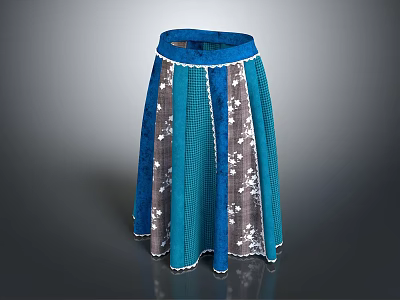 Stylish Women's Blue And Gray Patchwork Skirt With Decorative White Trim Details 3d model