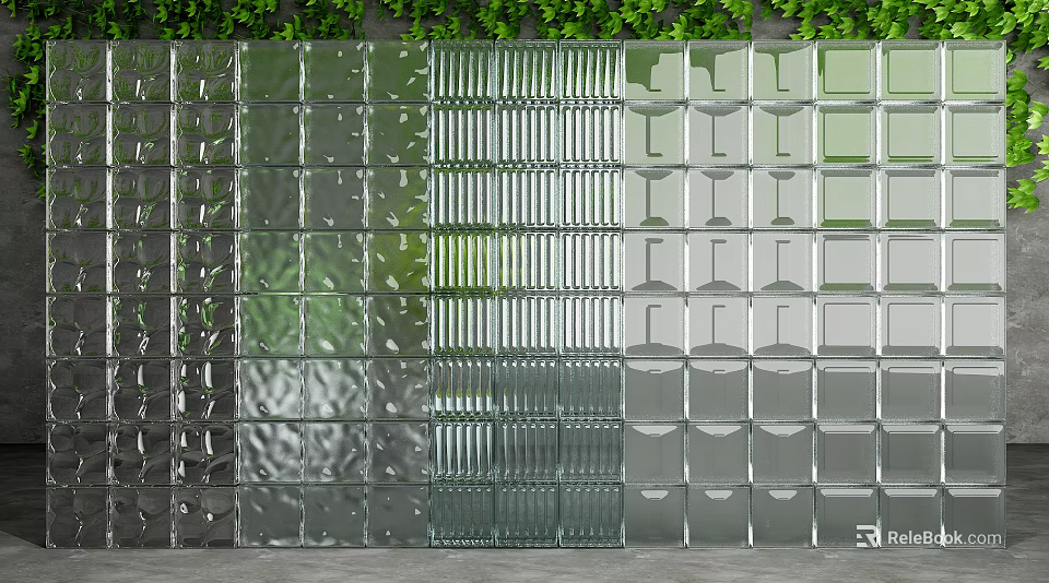 Glass Block Wall With Various Textured Panels And Green Plants On Top 3d model 