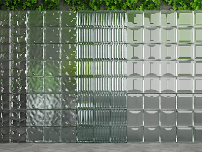 Glass Block Wall With Various Textured Panels And Green Plants On Top 3d model