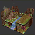 3D Brick Scene Design Featuring Stream Waterfall Bridge Grass And Platform