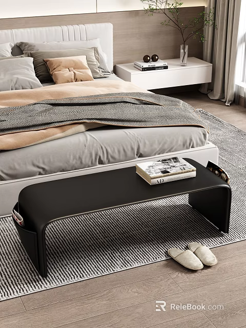 Stylish Black Leather Bed Bench at Foot of Bed with Magazines and Slippers on Bedroom Rug 3d model 