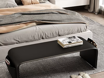 Stylish Black Leather Bed Bench at Foot of Bed with Magazines and Slippers on Bedroom Rug 3d model