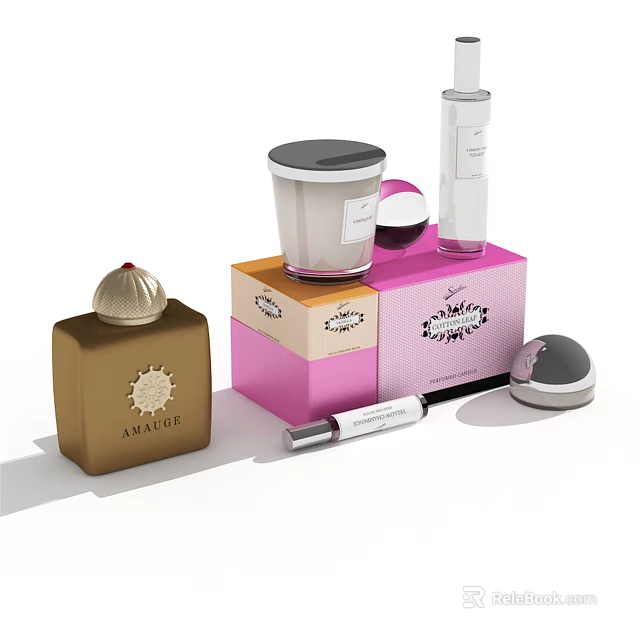 Elegant Perfume Cosmetics With Golden Fragrance Bottles Pink Box Lidded Containers And Silver Tubes 3d model 