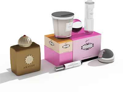 Elegant Perfume Cosmetics With Golden Fragrance Bottles Pink Box Lidded Containers And Silver Tubes 3d model