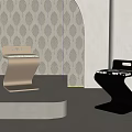 Sleek Modern White And Black Stools In Interior With Leaf Patterned Wallpaper And Gray Bench 3d model