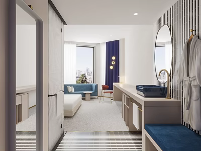 Hotel Guest Room With City View Blue Sofa Red Chair Round Mirror And Vanity 3d model