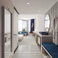 Hotel Guest Room With City View Blue Sofa Red Chair Round Mirror And Vanity