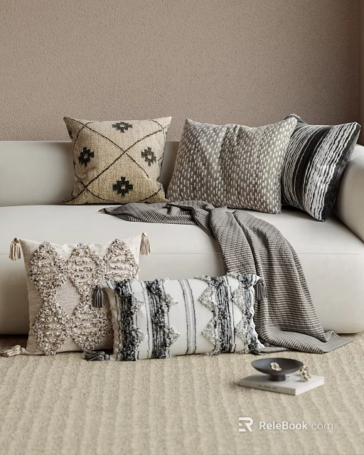Stylish Decorative Pillows With Textured Patterns And Neutral Tones On Cozy Sofa 3d model