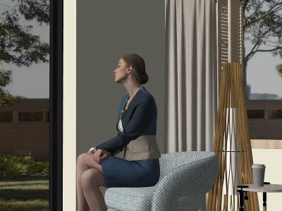Businesswoman Sitting On Blue Armchair By Window With Curtains Floor Lamp And Outside Trees 3d model