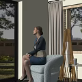 Businesswoman Sitting On Blue Armchair By Window With Curtains Floor Lamp And Outside Trees