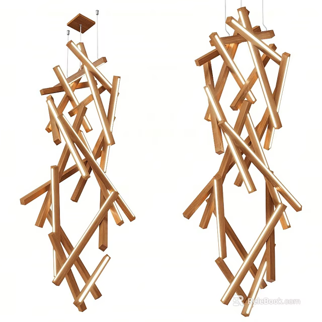 Golden Modern Chandelier With Intertwined Long Strips Interior Design 3d model 