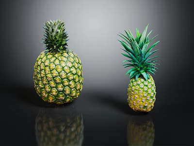 Fresh Ripe Pineapples of Different Sizes on Black Reflective Surface 3d model