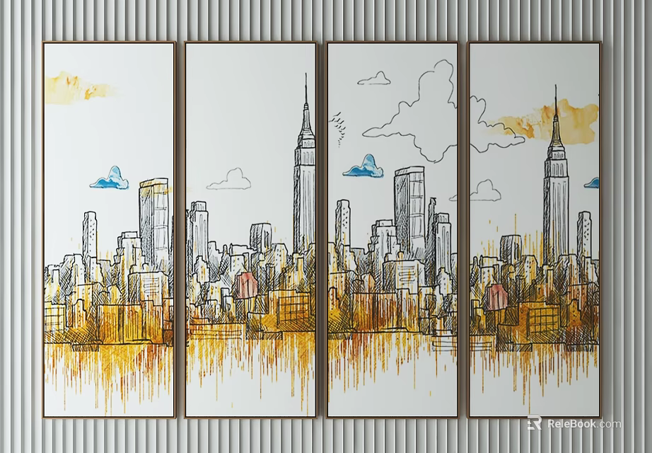 Urban City Skyline Four Panel Landscape Painting With Watercolor Clouds And Building Silhouettes 3d model 