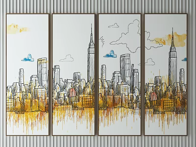 Urban City Skyline Four Panel Landscape Painting With Watercolor Clouds And Building Silhouettes 3d model