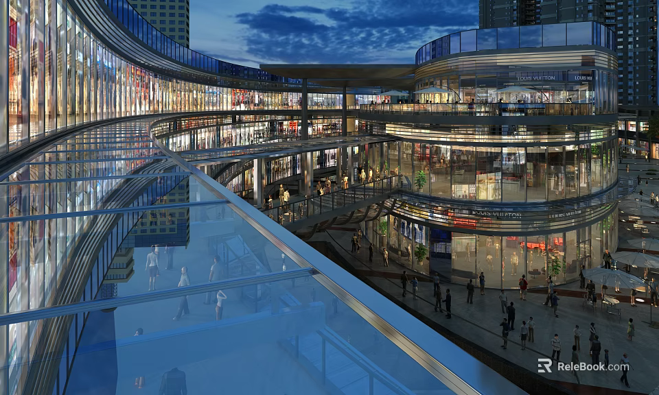 Vibrant Commercial Street Night View With Multi Level Glass Facade Shops Bright Lighting And Pedestrians 3d model 
